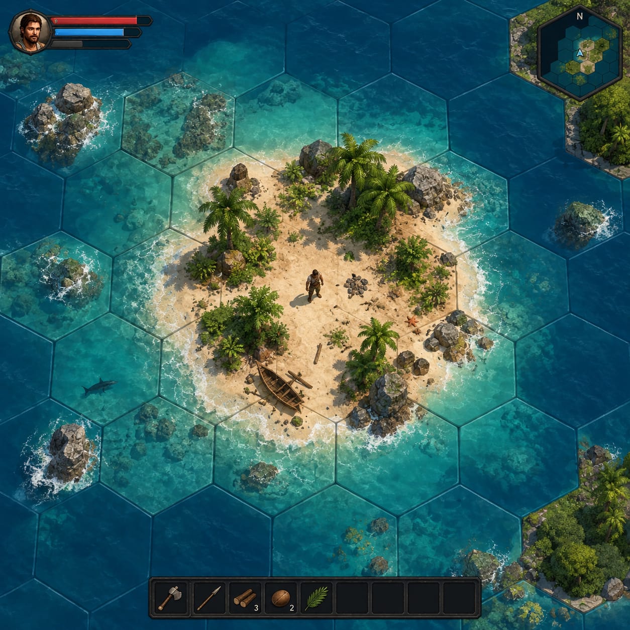Ingame-Szene: Der Entdecker steht auf einer kleinen Sandinsel zwischen Sechseck-Wasserfeldern